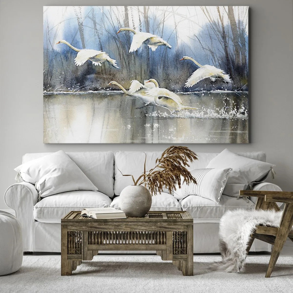 Bild auf Leinwand - Leinwandbild - Schwäne im Flug über einem zugefrorenen See in einer Winterlandschaft - 120x80cm - Wie im Märchen von den wilden Schwänen - Moderne Wanddekoration für Wohnzimmer und Schlafzimmer ARTTOR