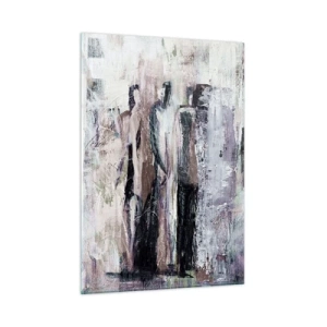 Glasbild - Bild auf glas - Abstrakte Silhouetten von Figuren vor einem strukturierten Farbhintergrund - 50x70cm - Die geheimnisvolle Drei - Moderne Wanddekoration für Wohnzimmer und Schlafzimmer ARTTOR