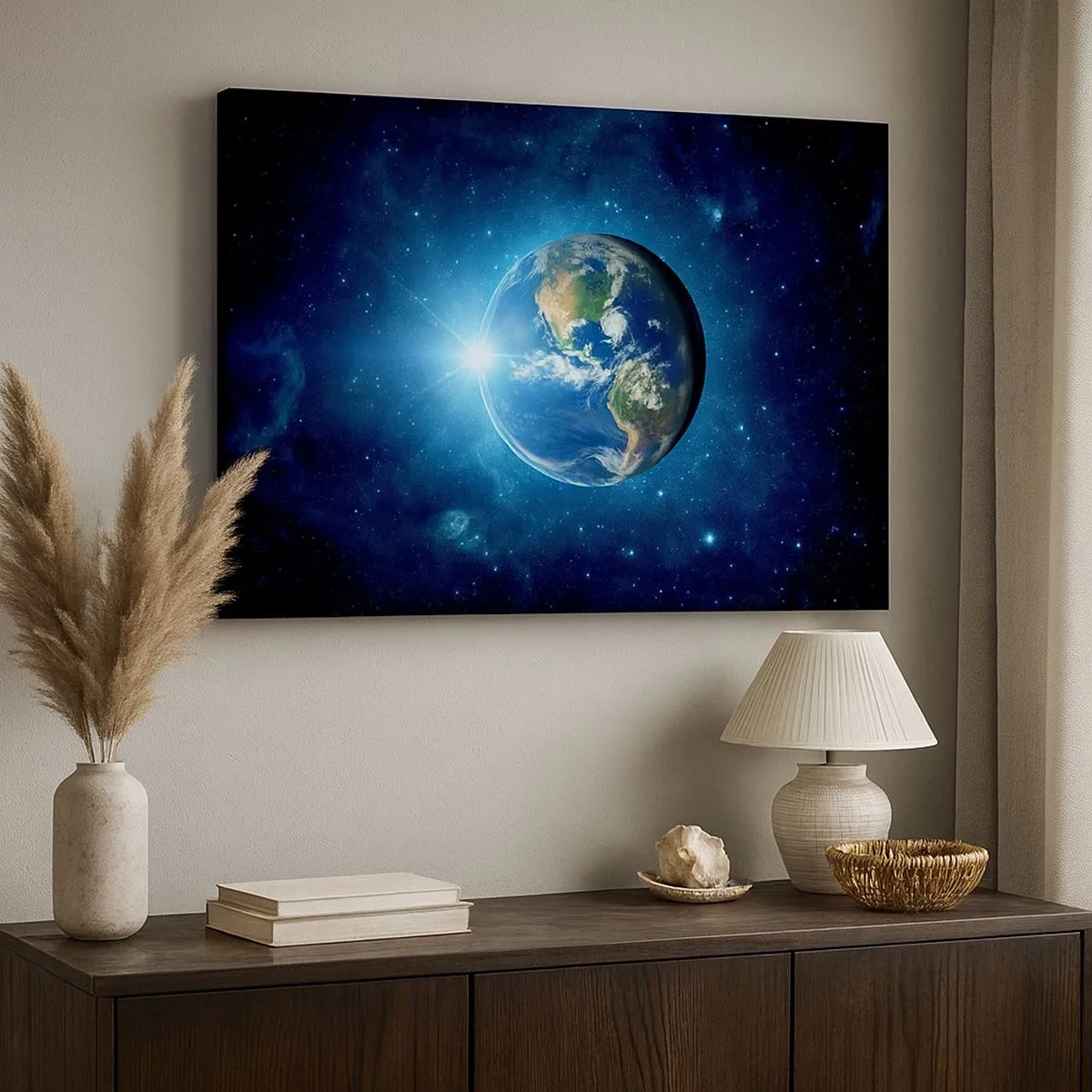 Bild auf Leinwand - Leinwandbild - Erde im Weltraum, umgeben von Sternen und Licht - 70x50cm - Wir sind im Himmel - Moderne Wanddekoration für Wohnzimmer und Schlafzimmer ARTTOR