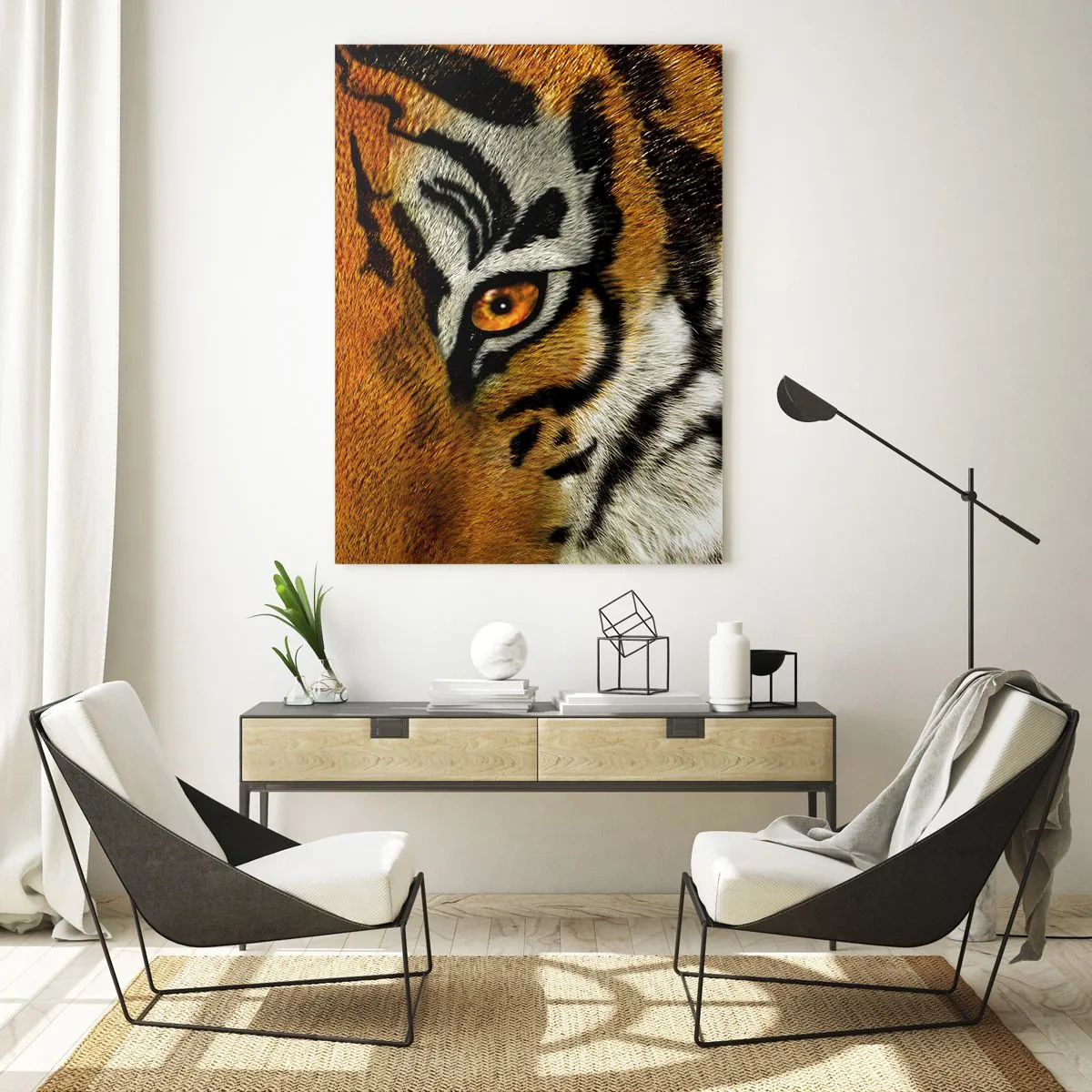 Glasbild - Bild auf glas - Nahaufnahme des intensiven Blicks des Tigers - 50x70cm - Schrecklich und schön - Moderne Wanddekoration für Wohnzimmer und Schlafzimmer ARTTOR