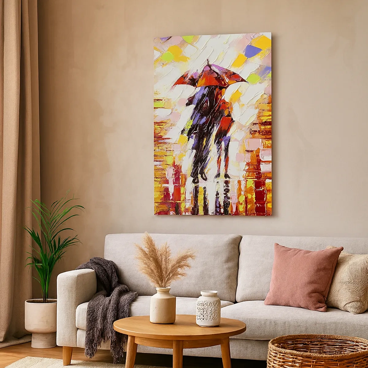 Bild auf Leinwand - Leinwandbild - Eine abstrakte Szene eines Spaziergangs unter einem Regenschirm in einer regnerischen Nacht. - 50x70cm - Gemeinsam durch die Nacht und den Regen - Moderne Wanddekoration für Wohnzimmer und Schlafzimmer ARTTOR