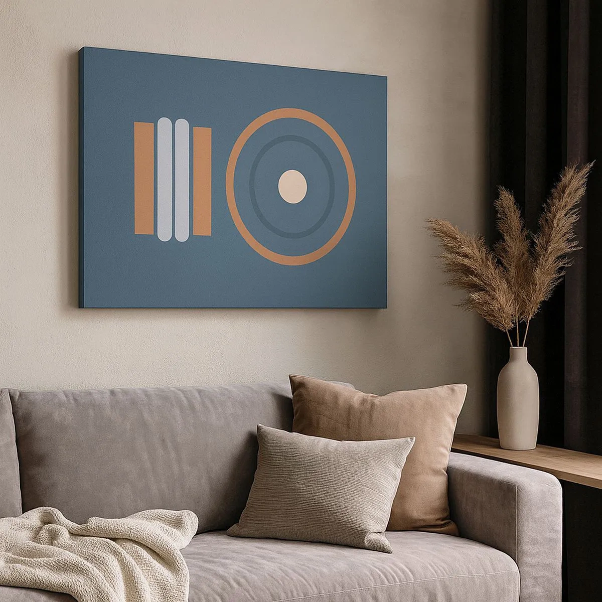 Bild auf Leinwand - Leinwandbild - Eine geometrische Komposition mit Kreisen und Rechtecken in gedämpften Farben. - 70x50cm - Das Wesen der Dinge - Moderne Wanddekoration für Wohnzimmer und Schlafzimmer ARTTOR