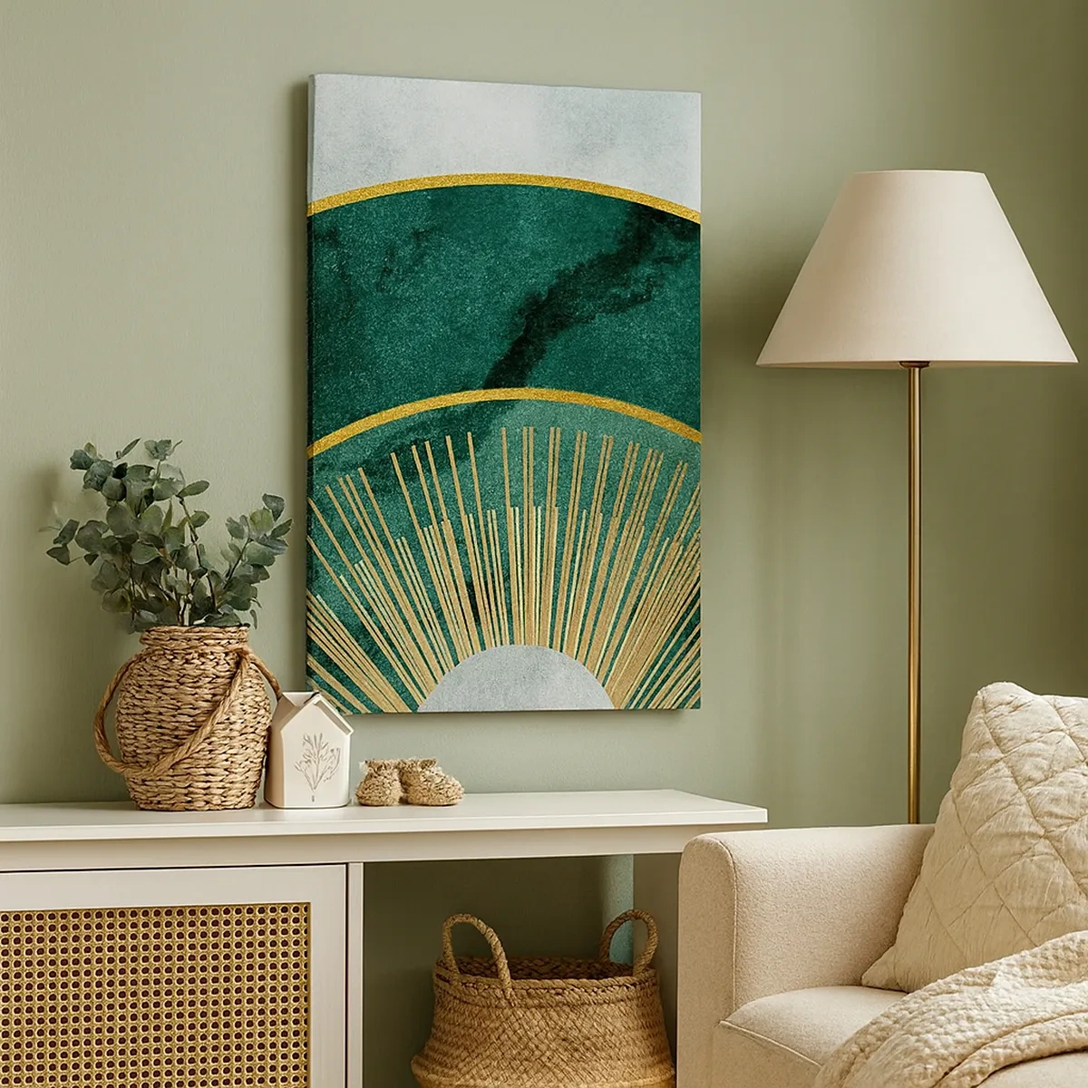 Bild auf Leinwand - Leinwandbild - Abstraktes Muster mit Kreisen in Smaragd- und Goldfarben. - 50x70cm - Anderes Sonnensystem - Moderne Wanddekoration für Wohnzimmer und Schlafzimmer ARTTOR