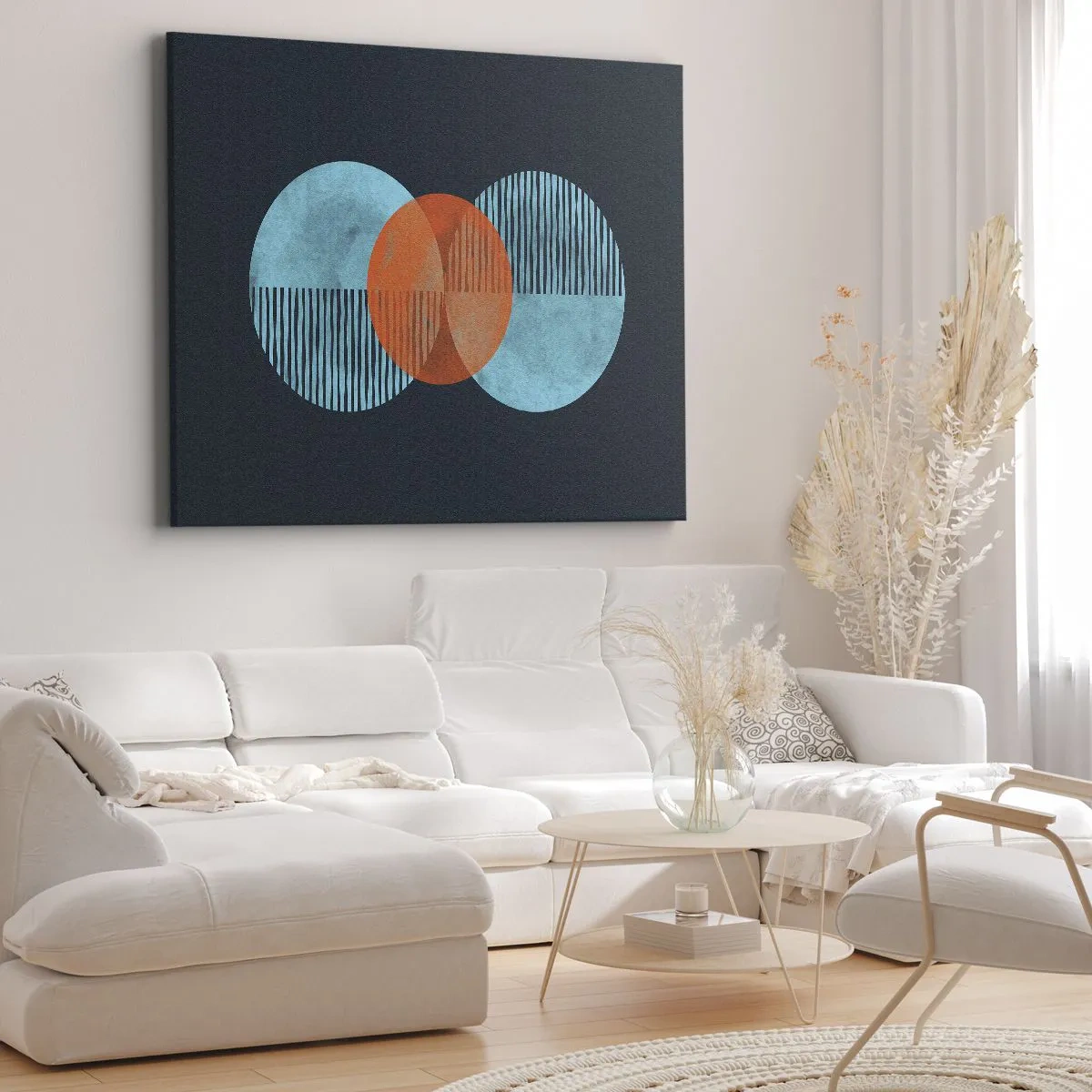 Bild auf Leinwand - Leinwandbild - Geometrische Kreise in Blau- und Orangetönen - 70x50cm - Symmetrische Komposition - Moderne Wanddekoration für Wohnzimmer und Schlafzimmer ARTTOR