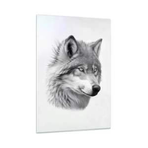 Glasbild - Bild auf glas - Schwarz-Weiß-Porträt eines Wolfes mit durchdringendem Blick - 50x70cm - Alpha – ohne Zweifel - Moderne Wanddekoration für Wohnzimmer und Schlafzimmer ARTTOR