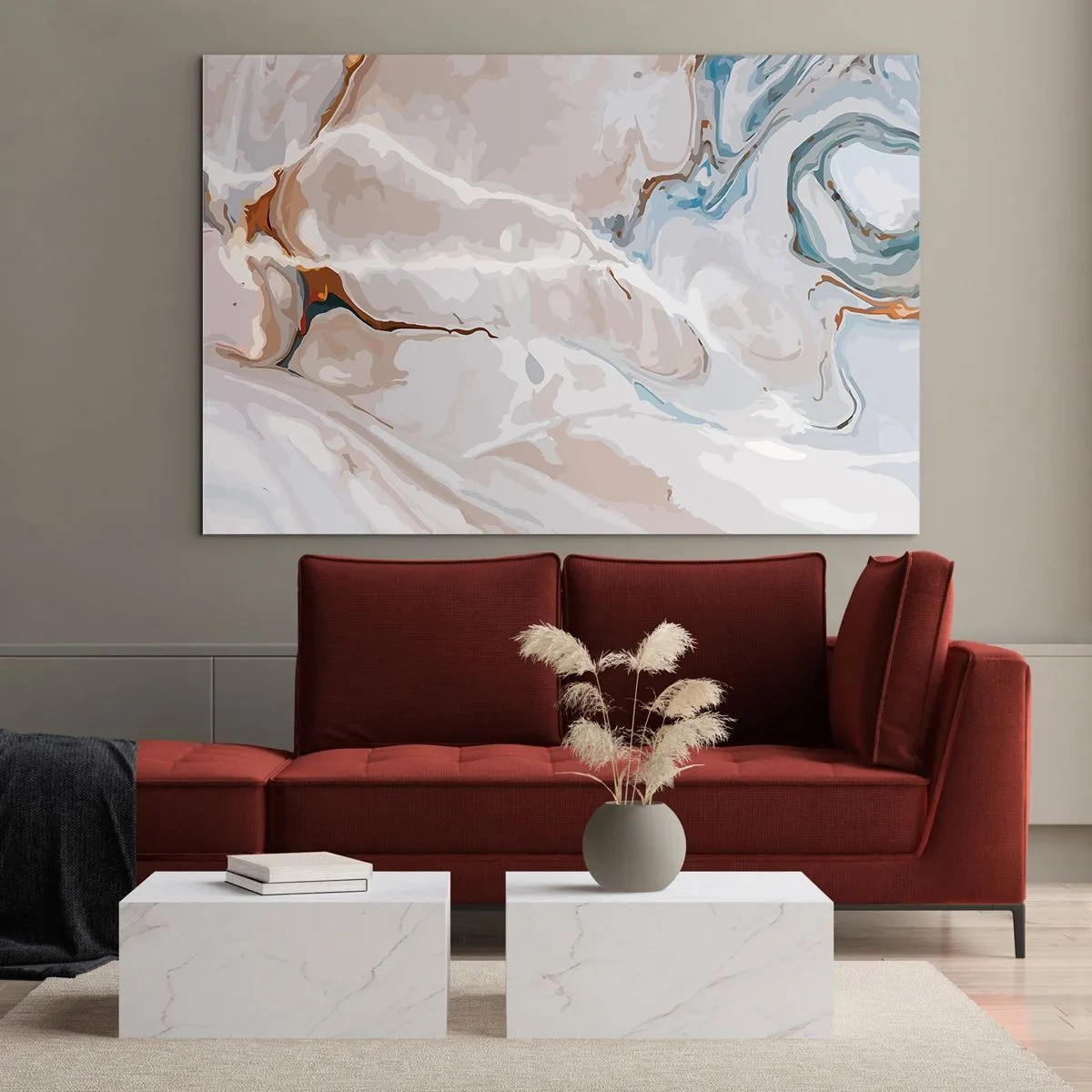 Glasbild - Bild auf glas - Künstlerisches Muster in neutralen Tönen mit blauen Akzenten - 120x80cm - Blau schlängelt sich unter dem Weiß - Moderne Wanddekoration für Wohnzimmer und Schlafzimmer ARTTOR