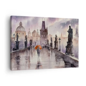 Bild auf Leinwand - Leinwandbild - Romantischer Blick auf eine Brücke mit einem Regenschirm vor der Kulisse einer abendlichen Stadt - 70x50cm - Leute verändern sich nicht - Moderne Wanddekoration für Wohnzimmer und Schlafzimmer ARTTOR
