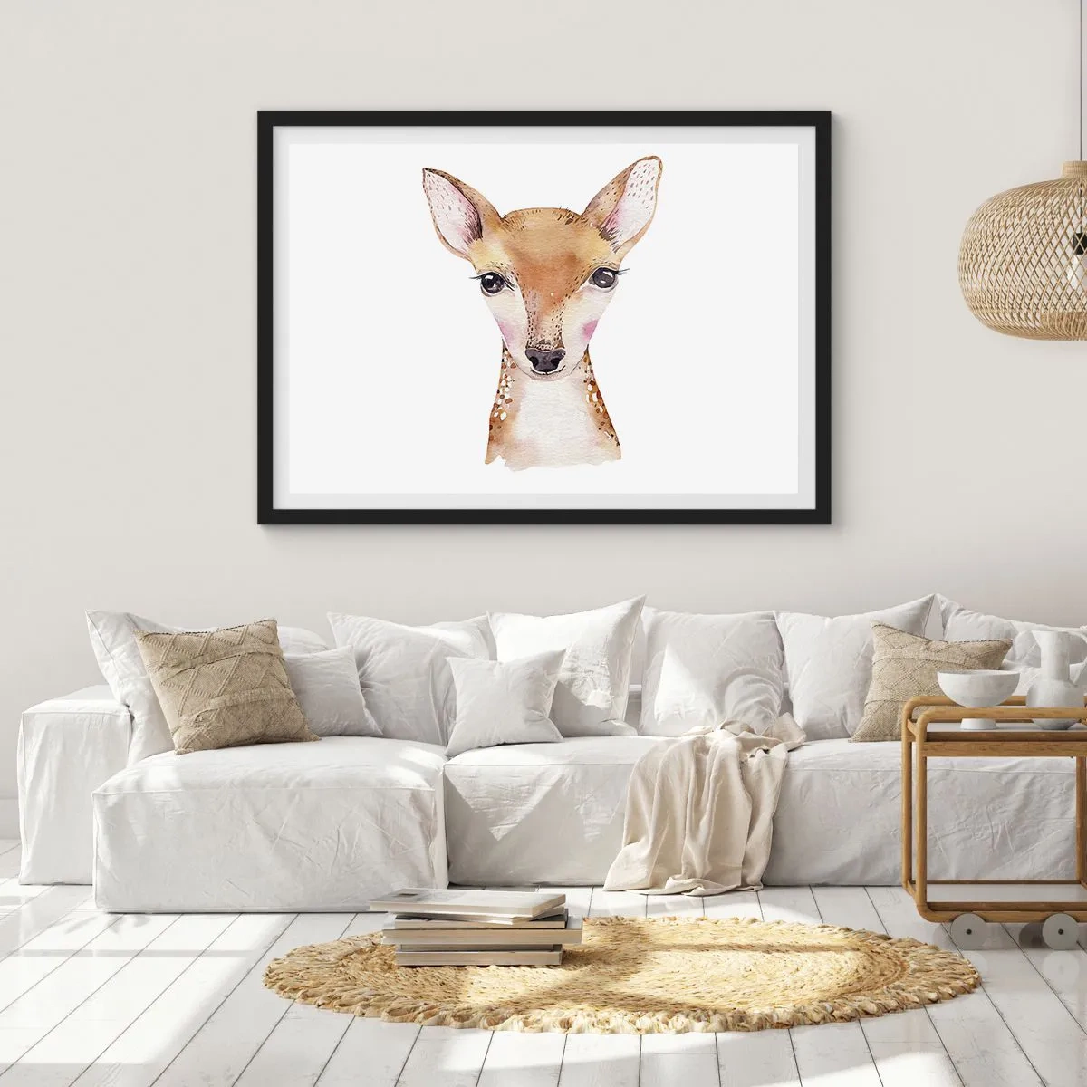 Poster in einem schwarzem Rahmen - Aquarellporträt eines jungen Rehs auf weißem Hintergrund - 70x50cm - Die Natur der Unschuld - Moderne Wanddekoration für Wohnzimmer und Schlafzimmer ARTTOR