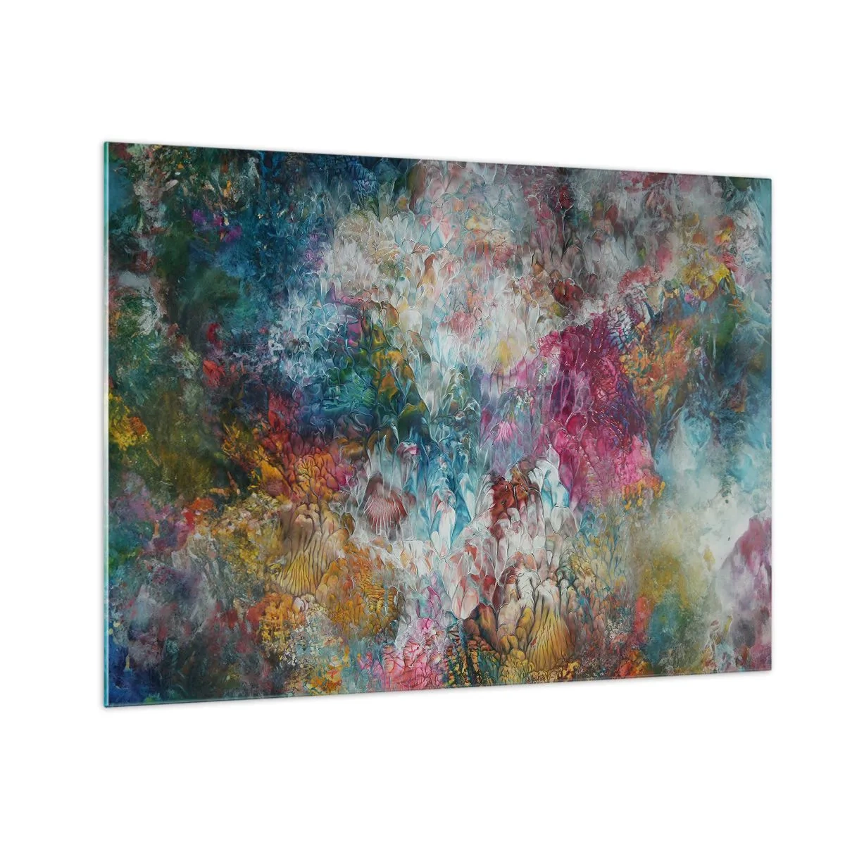 Glasbild - Bild auf glas - Eine abstrakte Komposition aus bunten Blumen in intensiven Farben. - 70x50cm - In voller Blüte - Moderne Wanddekoration für Wohnzimmer und Schlafzimmer ARTTOR
