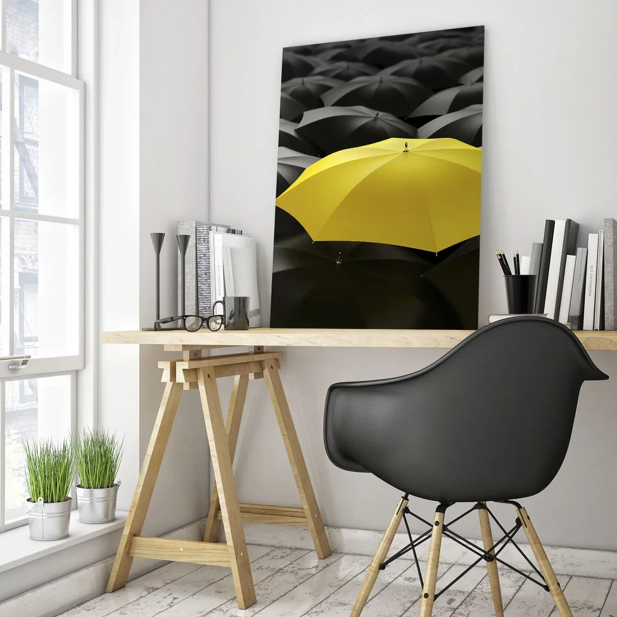 Glasbild - Bild auf glas - Ein gelber Regenschirm, der zwischen den schwarzen hervorsticht - 50x70cm - Auf Wiedersehen Trauer - Moderne Wanddekoration für Wohnzimmer und Schlafzimmer ARTTOR