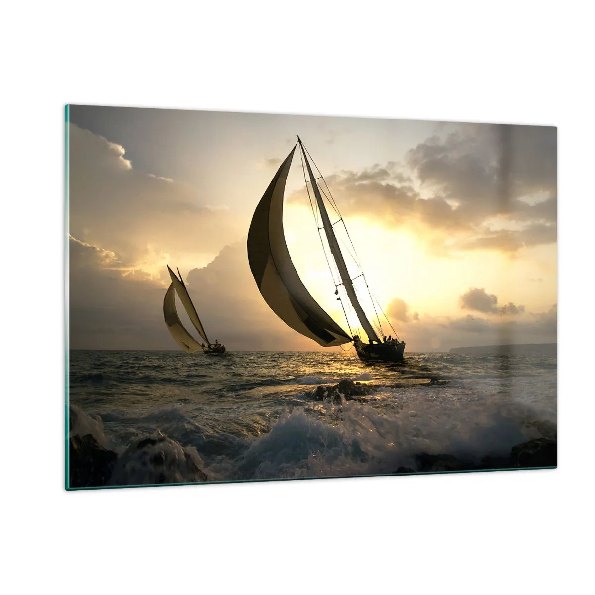 Glasbild - Bild auf glas - Segelboote in stürmischer See bei Sonnenuntergang - 120x80cm - Mit dem Wind und gegen den Wind - Moderne Wanddekoration für Wohnzimmer und Schlafzimmer ARTTOR