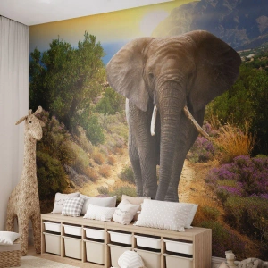 Fototapete Premium Sand - Ein afrikanischer Elefant mit Bergen und Savanne im Hintergrund bei Sonnenuntergang. - 100x70cm - So sah Eden aus - Moderne Wanddekoration für Wohnzimmer und Schlafzimmer ARTTOR