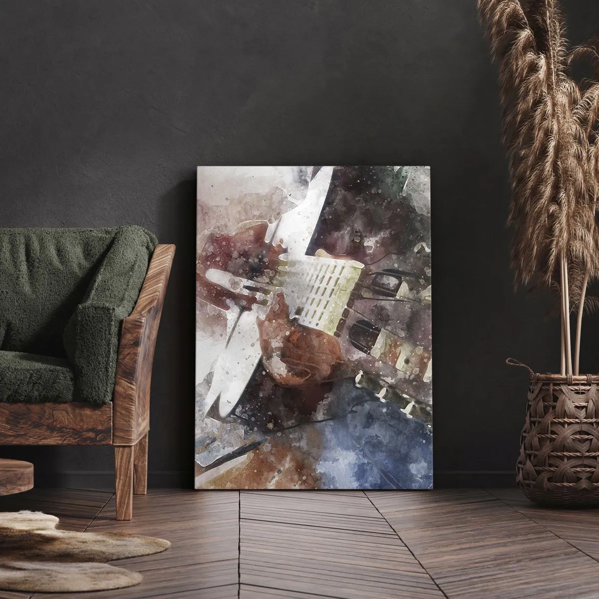 Bild auf Leinwand - Leinwandbild - Eine künstlerische Interpretation einer Gitarre im Aquarellstil - 80x120cm - Und was halten Sie davon? - Moderne Wanddekoration für Wohnzimmer und Schlafzimmer ARTTOR
