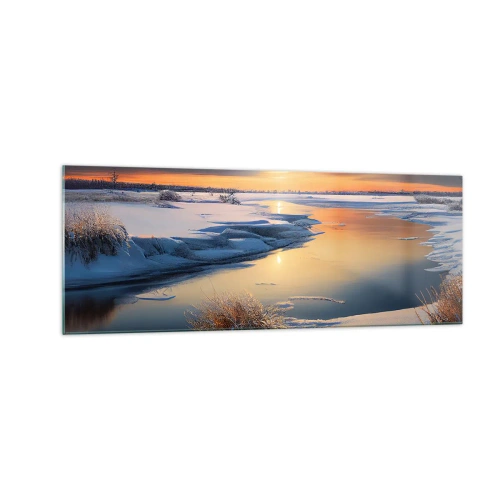 Glasbild - Bild auf glas - Winterlandschaft mit einem Fluss bei Sonnenuntergang - 140x50cm - Wintersonnenuntergang - Moderne Wanddekoration für Wohnzimmer und Schlafzimmer ARTTOR