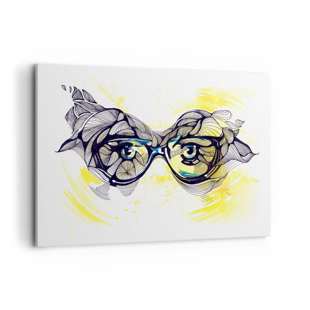 Bild auf Leinwand - Leinwandbild - Künstlerische Grafik einer Brille mit ausdrucksstarken Augen - 120x80cm - Durch blaue Brille - Moderne Wanddekoration für Wohnzimmer und Schlafzimmer ARTTOR