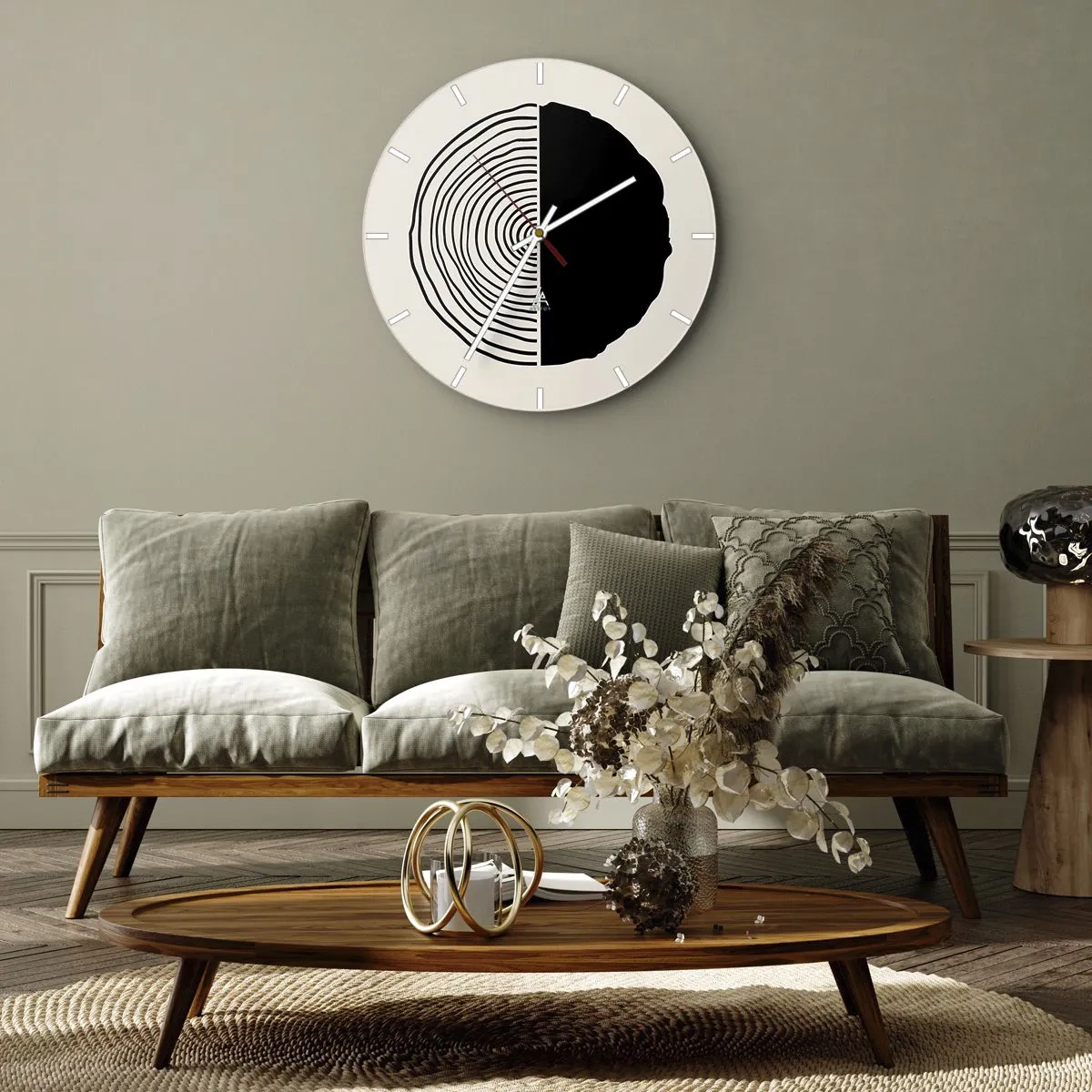 Wanduhr - Glasuhr - Ein minimalistisches Motiv eines Stammquerschnitts in kontrastierenden Farben - 30x30cm - Halb und halb - Moderne Wanddekoration für Wohnzimmer, Küche und Schlafzimmer ARTTOR