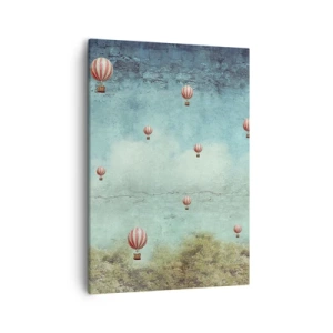 Bild auf Leinwand - Leinwandbild - Retro-Ballons vor blauem Himmel und grünem Hintergrund - 50x70cm - Frei von der Hektik des Lebens - Moderne Wanddekoration für Wohnzimmer und Schlafzimmer ARTTOR