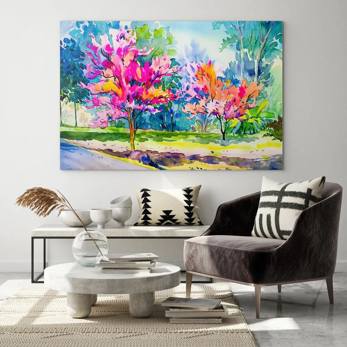 Glasbild - Bild auf glas - Bunte Bäume im Park, gemalt mit Aquarelltechnik - 70x50cm - Regenbogengarten im Frühlingslicht - Moderne Wanddekoration für Wohnzimmer und Schlafzimmer ARTTOR