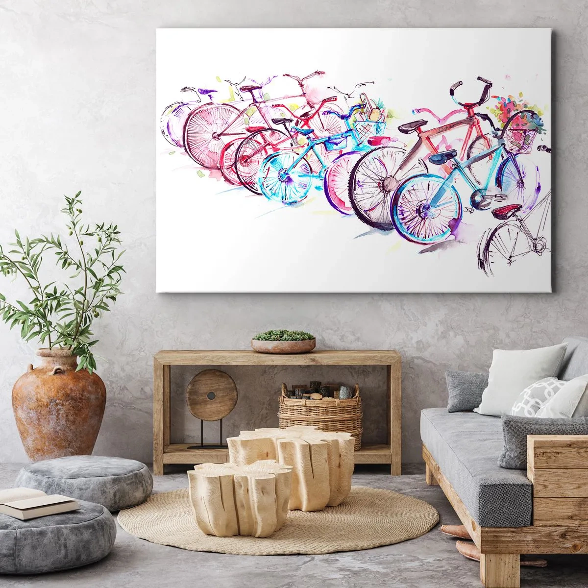 Bild auf Leinwand - Leinwandbild - Bunte Fahrräder im künstlerischen Aquarell-Stil - 70x50cm - Kongress des Antimoto-Clubs - Moderne Wanddekoration für Wohnzimmer und Schlafzimmer ARTTOR