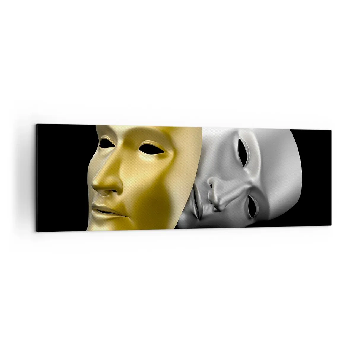 Bild auf Leinwand - Leinwandbild - Gold- und Silbermaske auf schwarzem Hintergrund - 160x50cm - Das Leben ist wie ein Theater - Moderne Wanddekoration für Wohnzimmer und Schlafzimmer ARTTOR