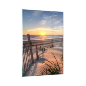 Glasbild - Bild auf glas - Sonnenuntergangsstrand mit Holzzaun - 70x100cm - Schein und Schatten des Windes - Moderne Wanddekoration für Wohnzimmer und Schlafzimmer ARTTOR