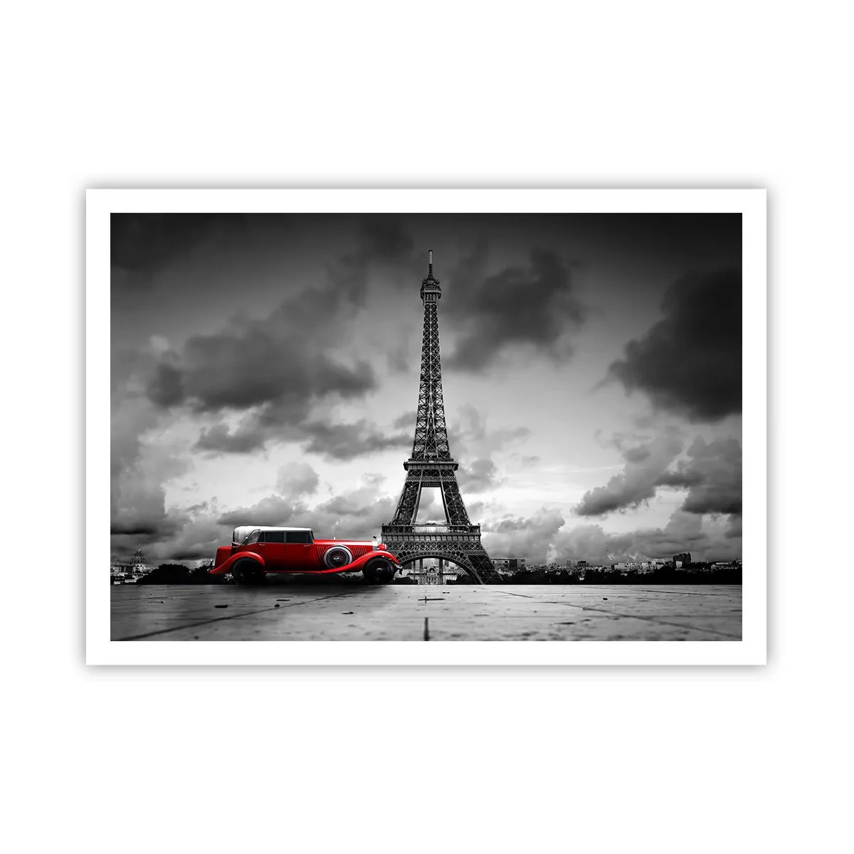 Poster - Rotes Retro-Auto vor dem Eiffelturm in Schwarz und Weiß - 100x70cm - Vor nicht allzu langer Zeit in Paris - Moderne Wanddekoration für Wohnzimmer und Schlafzimmer ARTTOR