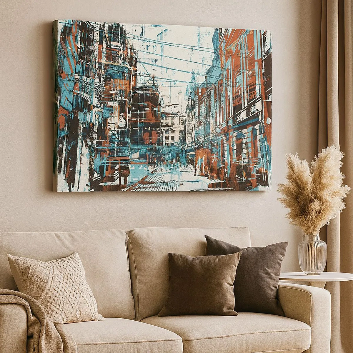 Bild auf Leinwand - Leinwandbild - Eine Stadtlandschaft in Blau- und Orangetönen - 70x50cm - Ein abgenutzter Stadtwanderweg - Moderne Wanddekoration für Wohnzimmer und Schlafzimmer ARTTOR
