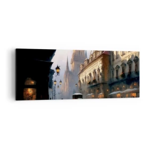 Bild auf Leinwand - Leinwandbild - Abendliche Straßenszene mit historischer Architektur - 140x50cm - Charme eines Prager Abends - Moderne Wanddekoration für Wohnzimmer und Schlafzimmer ARTTOR