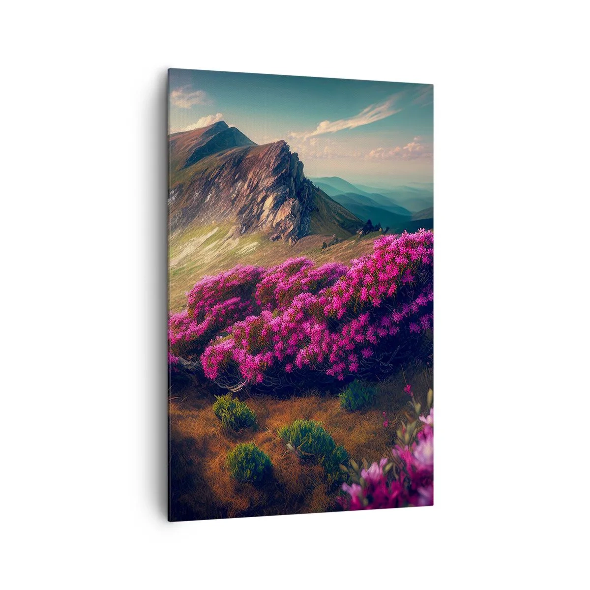 Bild auf Leinwand - Leinwandbild - Berglandschaft mit blühenden Rhododendren - 80x120cm - Sommer in den Bergen - Moderne Wanddekoration für Wohnzimmer und Schlafzimmer ARTTOR