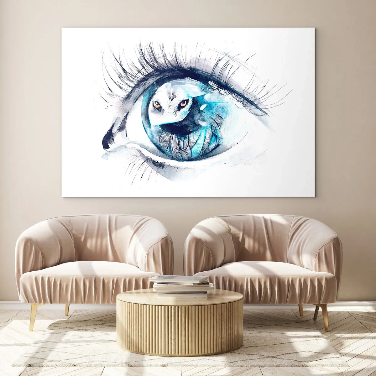 Glasbild - Bild auf glas - Ein Frauenauge mit Eulenmotiv im Aquarellstil - 70x50cm - Auge in Auge mit Wildheit - Moderne Wanddekoration für Wohnzimmer und Schlafzimmer ARTTOR