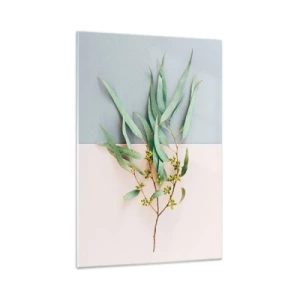 Glasbild - Bild auf glas - Ein Zweig mit Blättern auf einem Hintergrund in Pastelltönen - 70x100cm - Pastellige Subtilität - Moderne Wanddekoration für Wohnzimmer und Schlafzimmer ARTTOR
