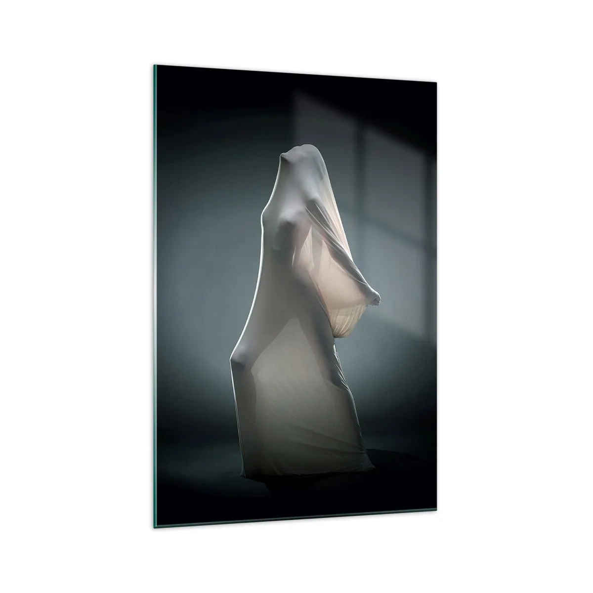 Glasbild - Bild auf glas - Eine Figur aus weißem Stoff auf dunklem Hintergrund - 70x100cm - Versteckte Wünsche - Moderne Wanddekoration für Wohnzimmer und Schlafzimmer ARTTOR