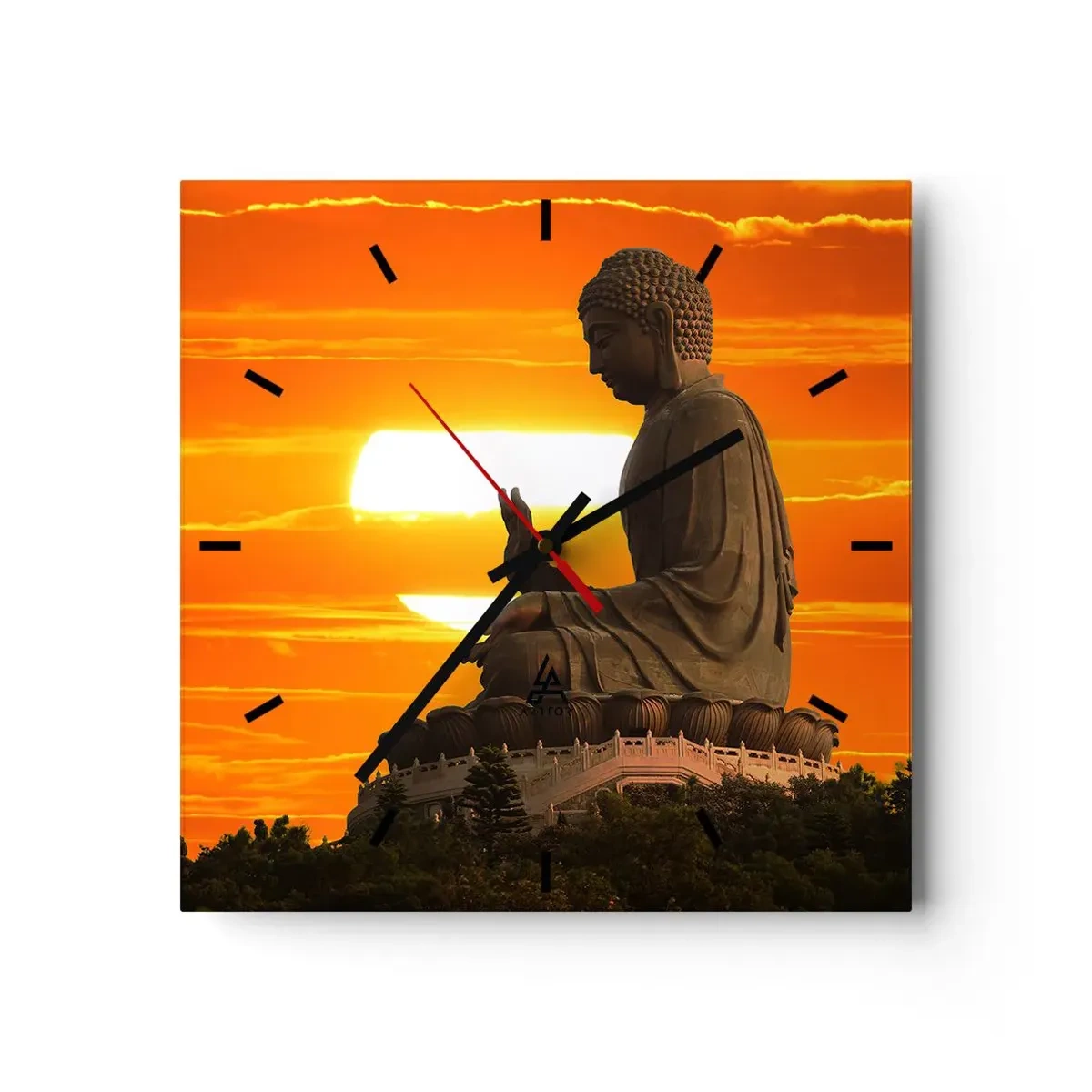Wanduhr - Glasuhr - Eine buddhistische Statue vor dem Hintergrund eines orangefarbenen Sonnenuntergangs - 30x30cm - Keine Angst vor der Welt - Moderne Wanddekoration für Wohnzimmer und Schlafzimmer ARTTOR