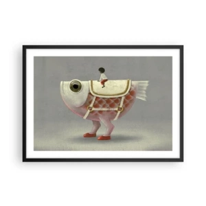 Poster in einem schwarzem Rahmen - Ein schicker Fischreiter mit Beinen und Sattel - 70x50cm - Reiter auf einem surrealen Fisch - Moderne Wanddekoration für Wohnzimmer und Schlafzimmer ARTTOR