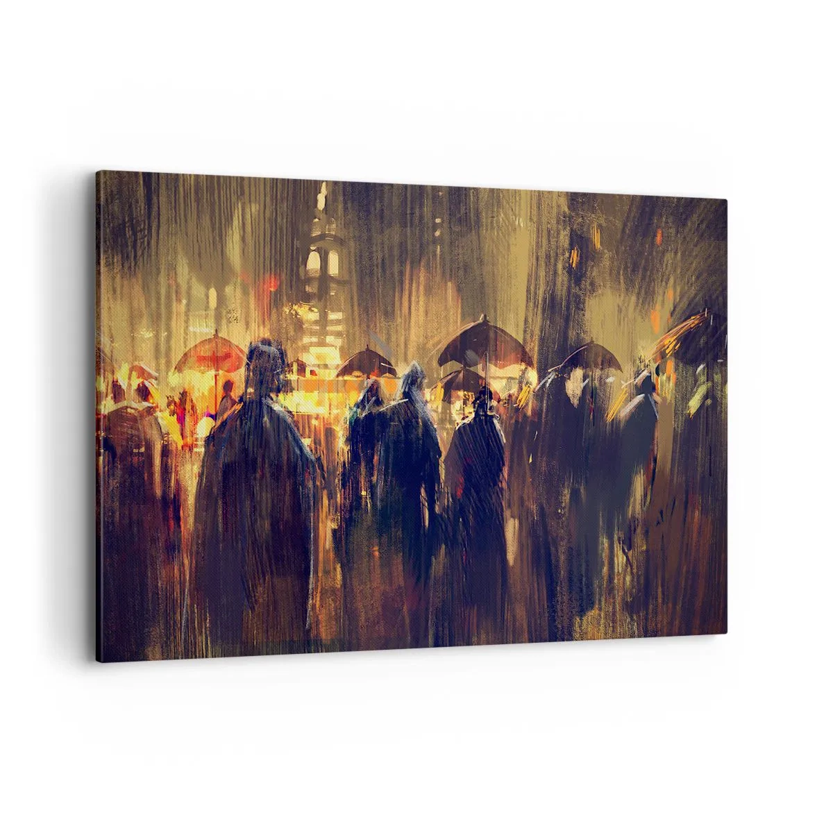 Bild auf Leinwand - Leinwandbild - Figuren mit Regenschirmen in einer verregneten Stadt bei Nacht - 100x70cm - Anhänger des Regens - Moderne Wanddekoration für Wohnzimmer und Schlafzimmer ARTTOR