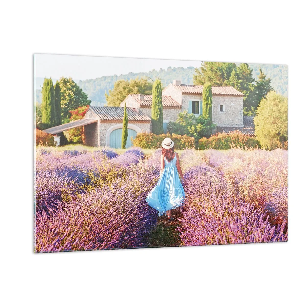 Glasbild - Bild auf glas - Eine Frau in einem Kleid geht durch ein Lavendelfeld - 120x80cm - Lavendel Mädchen - Moderne Wanddekoration für Wohnzimmer und Schlafzimmer ARTTOR