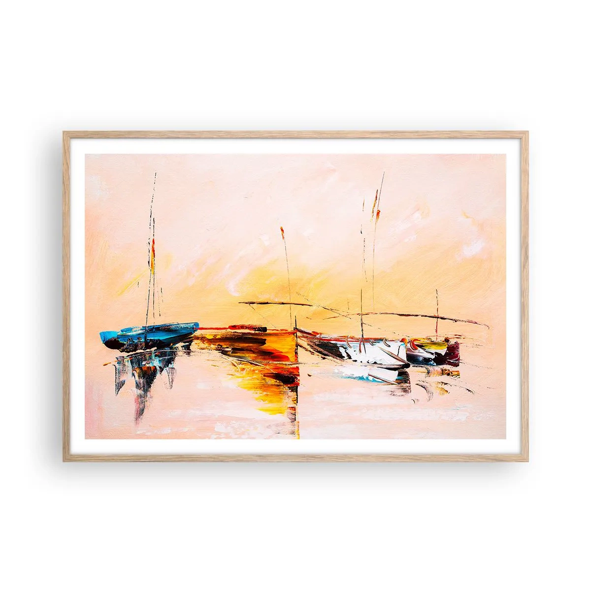 Poster in einem Rahmen aus heller Eiche - Abend im Yachthafen - 100x70 cm