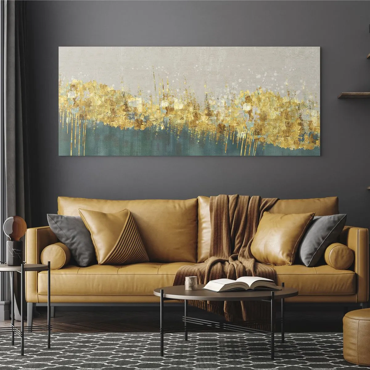 Glasbild - Bild auf glas - Goldene Akzente auf grün-beigem Untergrund - 160x50cm - Goldener Rand - Moderne Wanddekoration für Wohnzimmer und Schlafzimmer ARTTOR