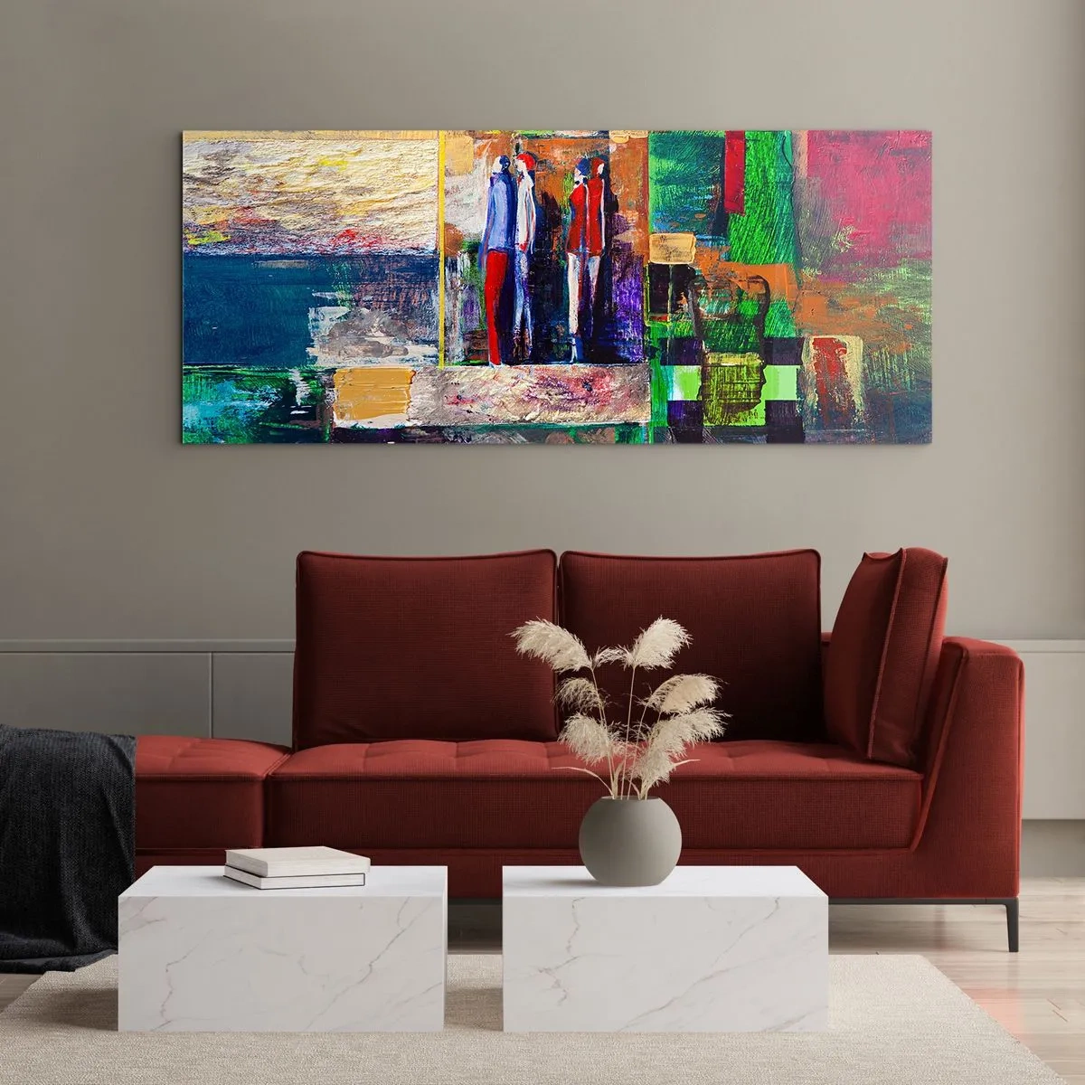 Glasbild - Bild auf glas - Abstrakte Komposition mit Figuren und geometrischen Mustern - 120x50cm - Beziehungen und Emotionen - Moderne Wanddekoration für Wohnzimmer und Schlafzimmer ARTTOR