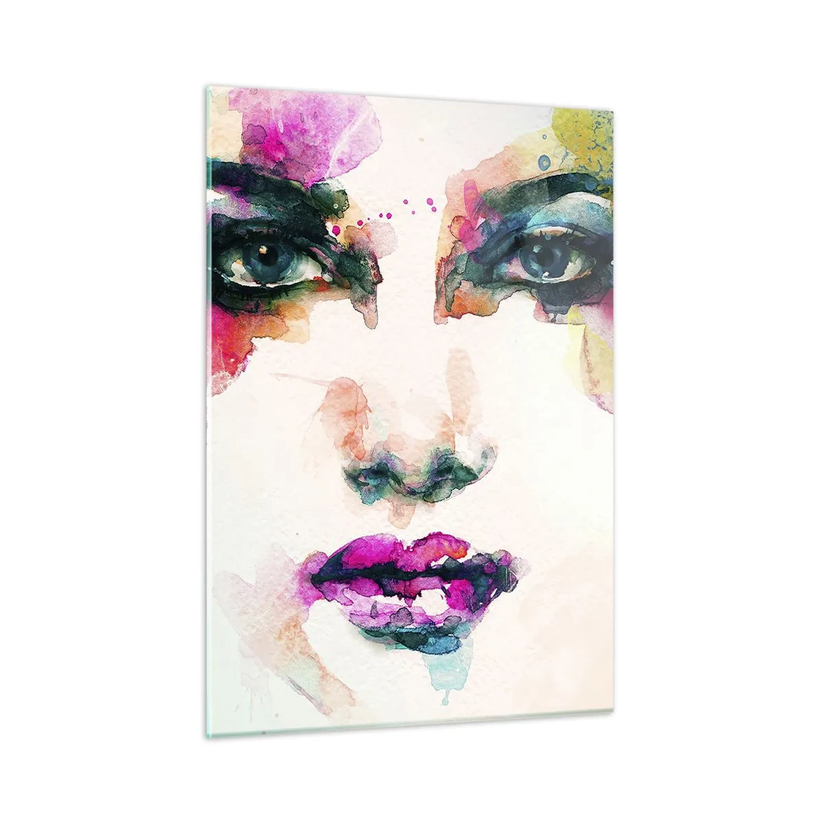 Glasbild - Bild auf glas - Porträt einer Frau in Aquarellfarben und Details - 50x70cm - Ein mit einem Regenbogen gemaltes Porträt - Moderne Wanddekoration für Wohnzimmer und Schlafzimmer ARTTOR