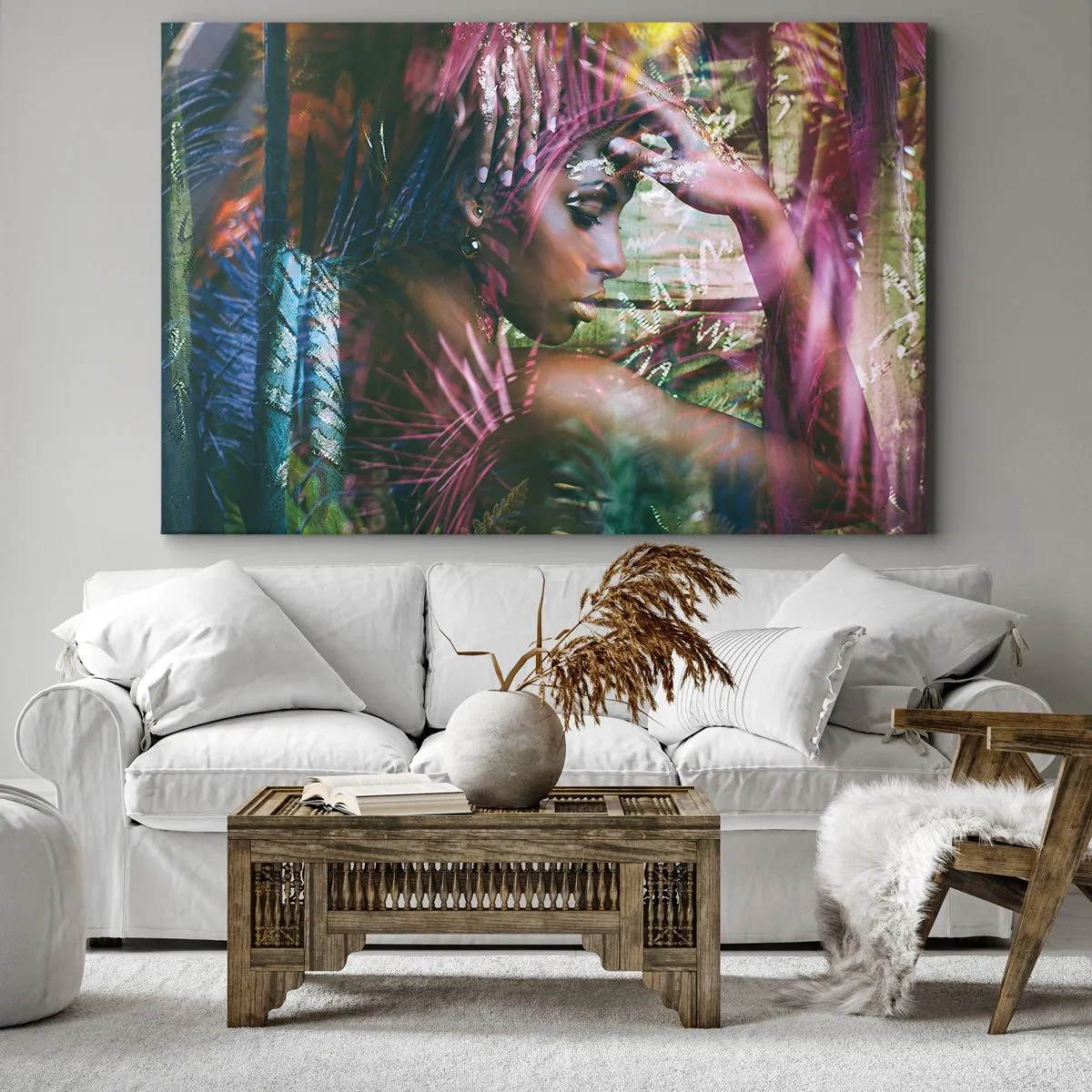 Bild auf Leinwand - Leinwandbild - Porträt einer Frau, umgeben von exotischer Vegetation - 70x50cm - Mutter Natur im Dschungel - Moderne Wanddekoration für Wohnzimmer und Schlafzimmer ARTTOR