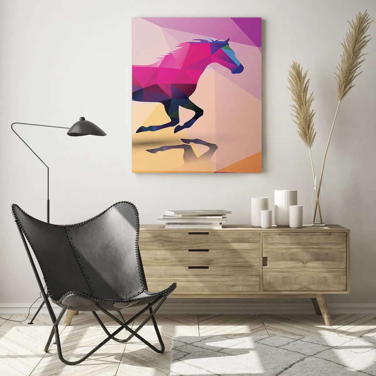 Glasbild - Bild auf glas - Geometrische Silhouette eines galoppierenden Pferdes in leuchtenden Farben - 70x100cm - Kubismus lebt noch - Moderne Wanddekoration für Wohnzimmer und Schlafzimmer ARTTOR