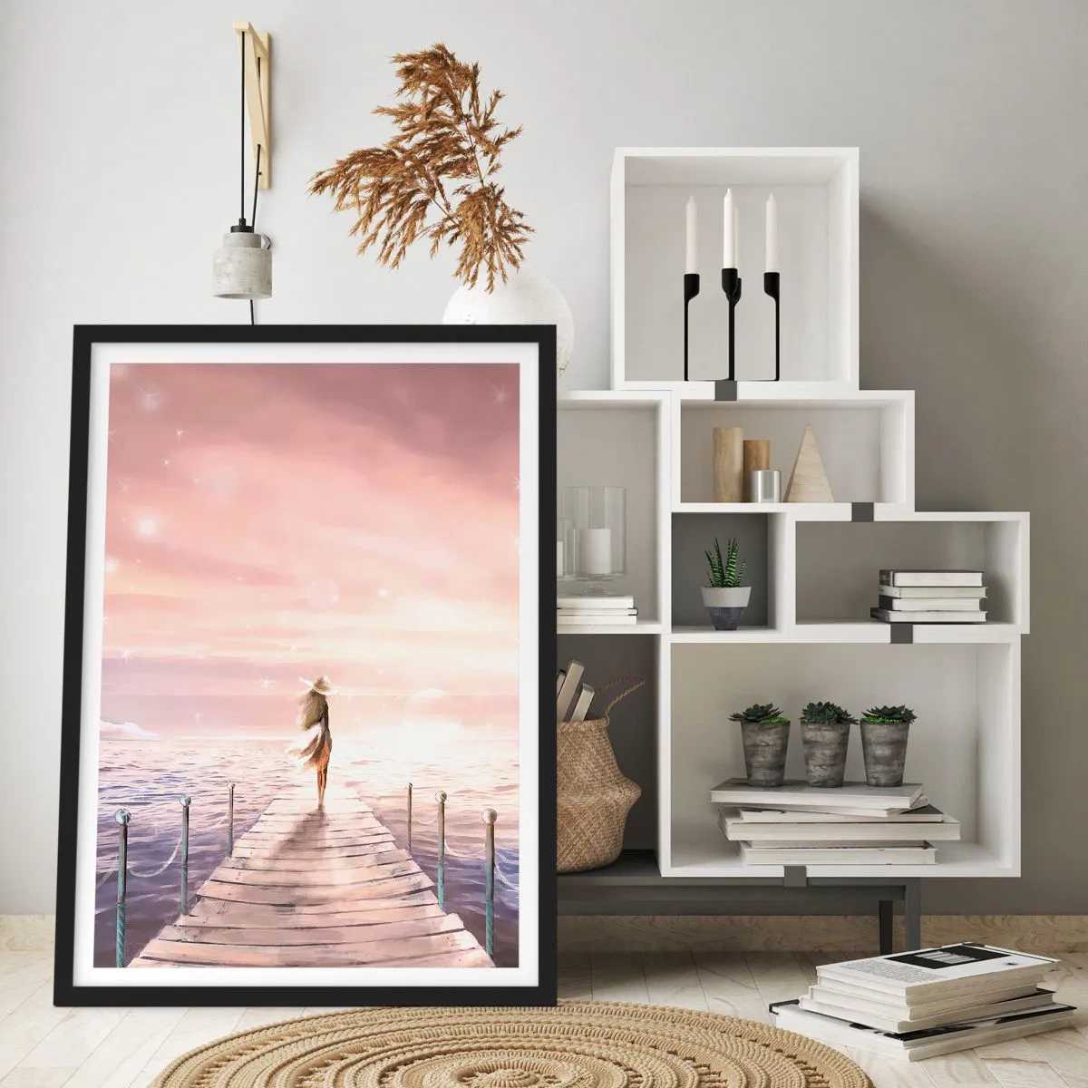 Poster in einem schwarzem Rahmen - Romantischer Sonnenuntergang am Pier mit einer Frau mit Hut - 50x70cm - Im Licht eines Traums - Moderne Wanddekoration für Wohnzimmer und Schlafzimmer ARTTOR