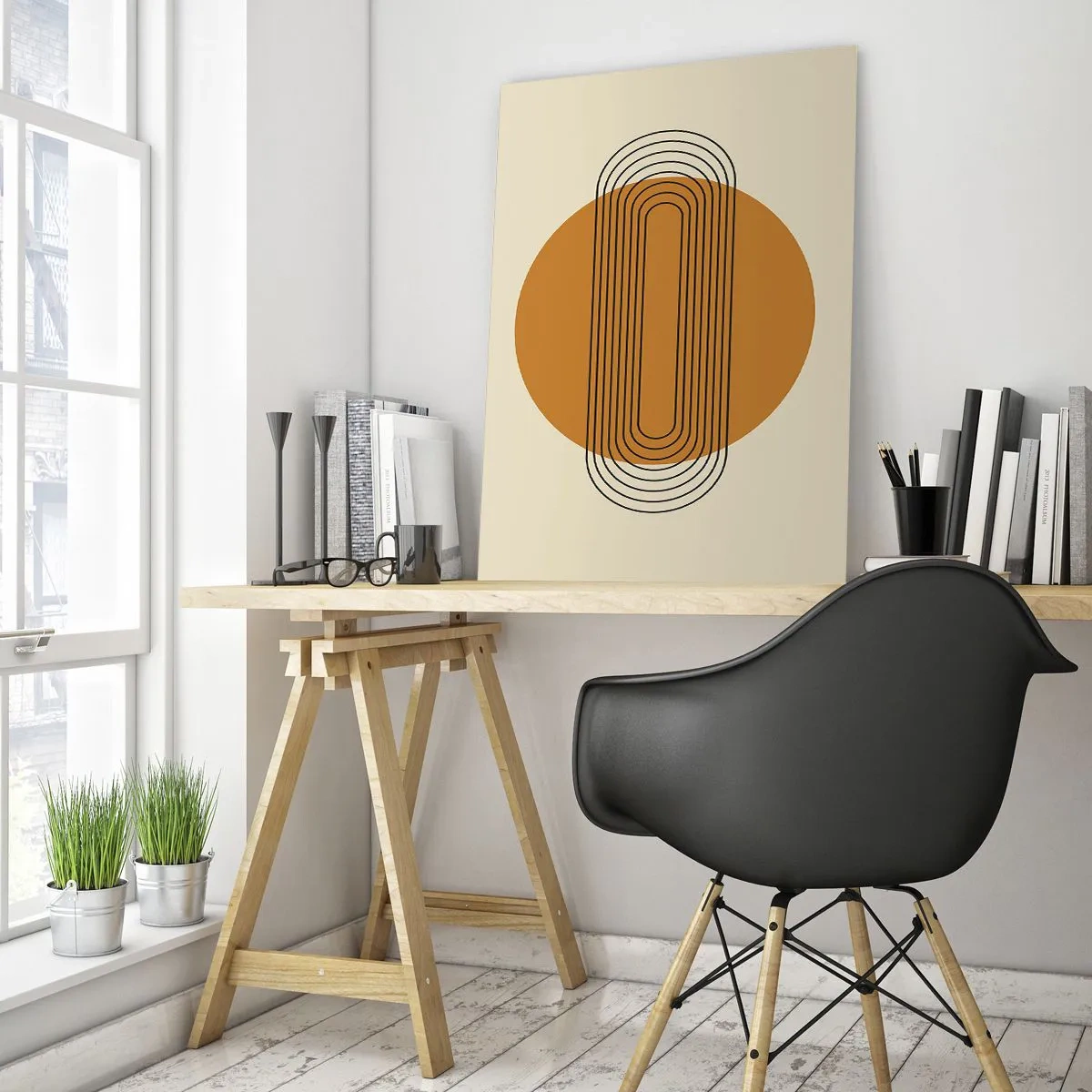 Glasbild - Bild auf glas - Geometrisches Muster mit orangefarbenen Kreisen und Linien - 70x100cm - Perfekter Plan - Moderne Wanddekoration für Wohnzimmer und Schlafzimmer ARTTOR