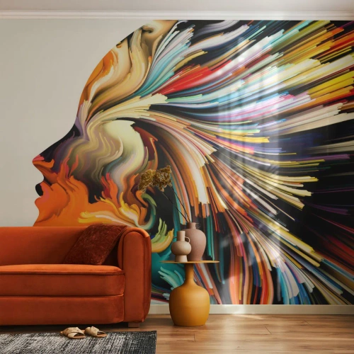 Fototapete Premium Sand - Abstraktes Frauenprofil mit bunten Pinselstrichen - 100x70cm - Eine Explosion der Fantasie - Moderne Wanddekoration für Wohnzimmer und Schlafzimmer ARTTOR