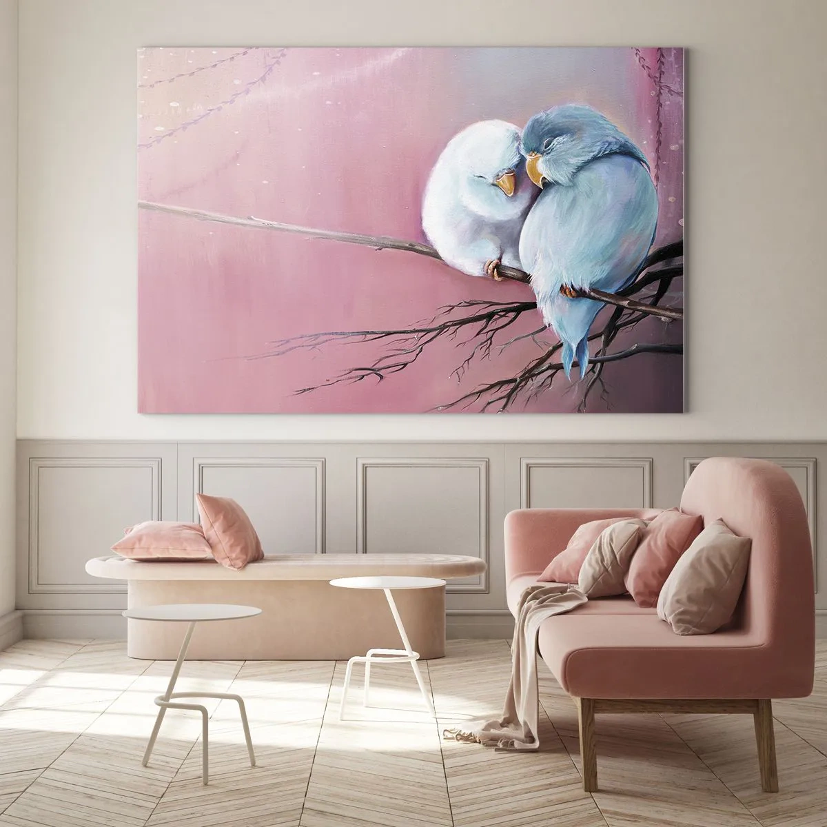Glasbild - Bild auf glas - Zwei Turteltauben sitzen auf einem Ast vor einem rosa Hintergrund - 120x80cm - Was kann ich hier hinzufügen? ... - Moderne Wanddekoration für Wohnzimmer und Schlafzimmer ARTTOR