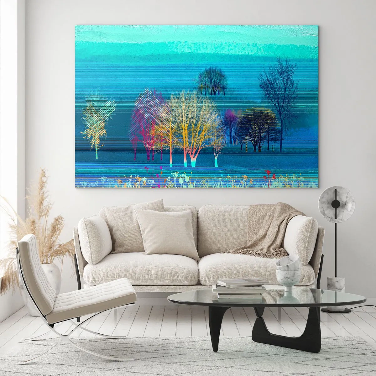 Glasbild - Bild auf glas - Eine farbenfrohe Landschaft mit Bäumen vor einem Hintergrund in Blautönen - 120x80cm - Eine gekämmte Landschaft - Moderne Wanddekoration für Wohnzimmer und Schlafzimmer ARTTOR