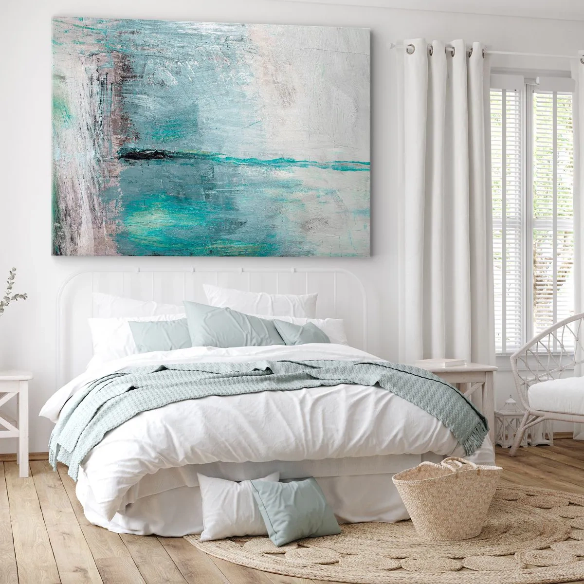 Bild auf Leinwand - Leinwandbild - Abstraktion in Türkis- und Grautönen - 100x70cm - Horizontal in Blau - Moderne Wanddekoration für Wohnzimmer und Schlafzimmer ARTTOR