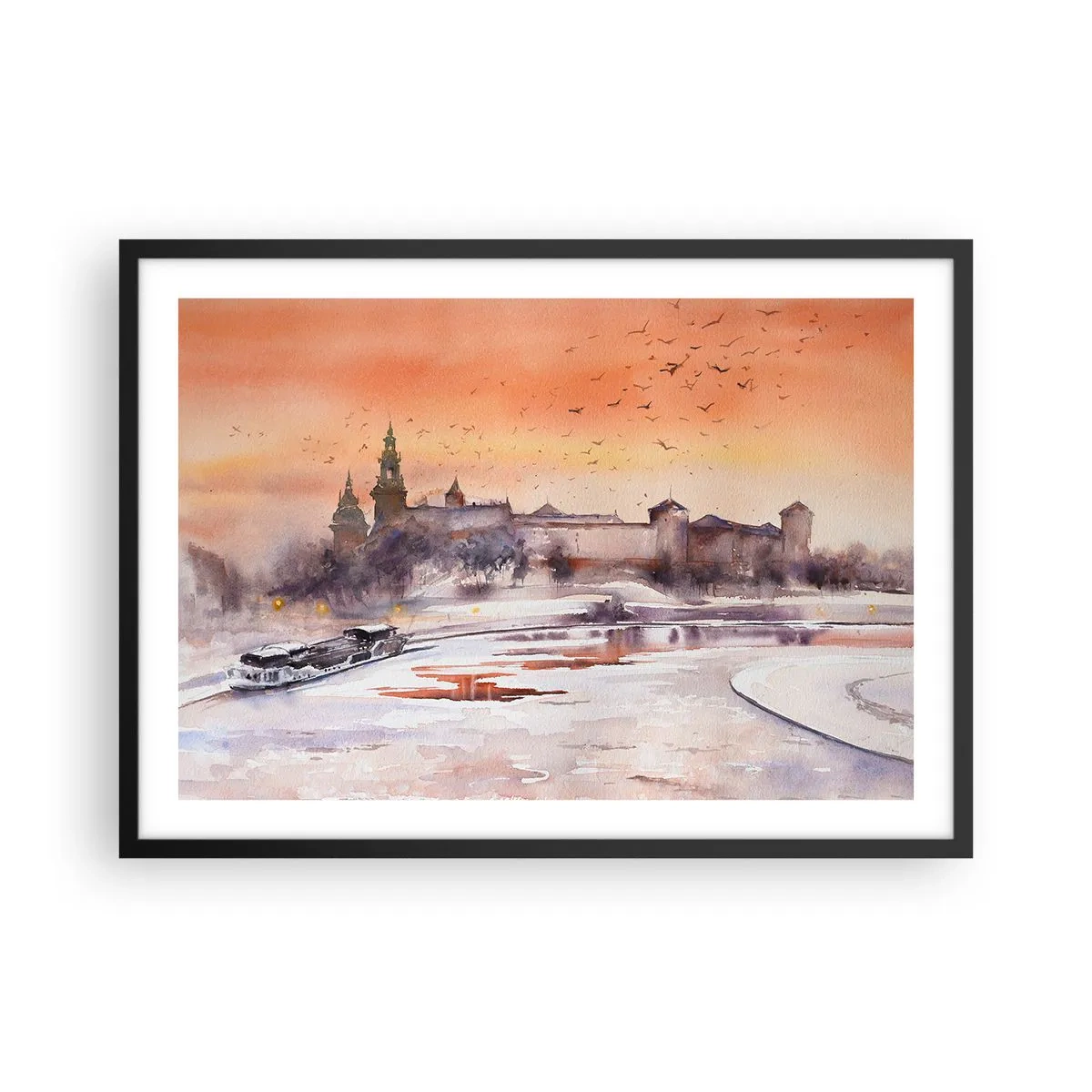 Poster in einem schwarzem Rahmen - Sonnenuntergang über dem Schloss in einer Winterlandschaft - 70x50cm - Königlicher Sonnenuntergang - Moderne Wanddekoration für Wohnzimmer und Schlafzimmer ARTTOR
