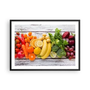 Poster in einem schwarzem Rahmen - Buntes Obst und Gemüse auf einem hölzernen Hintergrund - 70x50cm - Es ist nicht genug? - Moderne Wanddekoration für Wohnzimmer und Schlafzimmer ARTTOR